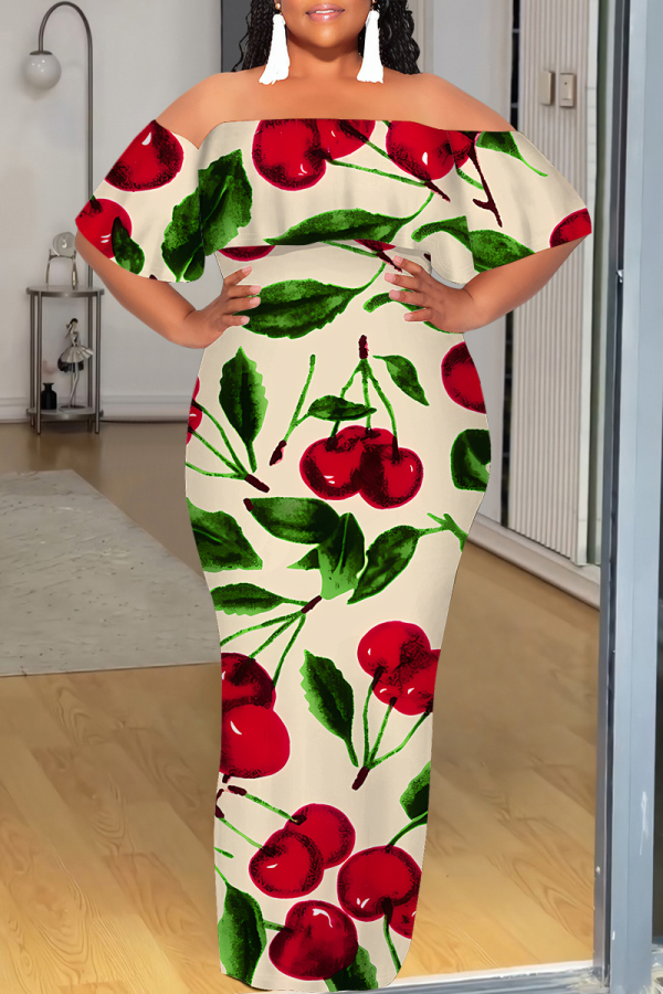 Apricot Fruit Floral Print Off Shoulder Flutter Sleeve Long Loose Vacation Plus Size Maxi Dresses