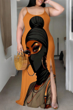 Black African Figure Print U Neck Backless Sleeveless Side Slit Floor Length Vacation Baggy Sundress Slip Maxi Dress