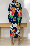 Dark Blue Floral Print O Neck Long Sleeve Casual Outing Vacation Bodycon Maxi Dresses