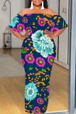 Apricot Fruit Floral Print Off Shoulder Flutter Sleeve Long Loose Vacation Plus Size Maxi Dresses