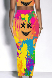 Leopard Letters Gradient Splashed Ink Print Casual High Waist Skinny Maxi Skirt