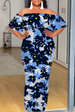 Apricot Fruit Floral Print Off Shoulder Flutter Sleeve Long Loose Vacation Plus Size Maxi Dresses