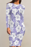 Orange Flowers Print O Neck Long Sleeve Ankle Length Causal Outing Bodycon Midi Dress