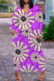 Black Flowers Love Print V Neck Long Sleeve Pokcets Vacation Loose Strsaight Fall Winter Plus Size Maxi Dress