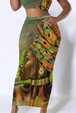 Silver Gray African Figure Print Casual High Waist Skinny Maxi Skirt