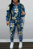 Navy Blue Floral Print Zipper Collar Long Sleeve Sweatshirt And Skinny Pants Casual Sportwear Two Pieces Sweatsuit Sets