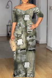 Dark Grey Faux Denim Print Off Shoulder Short Sleeve Loose Fit Vacation Maxi Dress