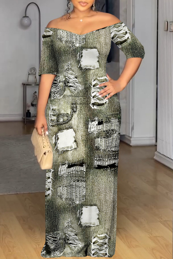 Dark Grey Faux Denim Print Off Shoulder Short Sleeve Loose Fit Vacation Maxi Dress