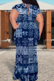 Navy Blue Boho Graphics Print V Neck Short Sleeve Lace Up Floor Length Plus Size Bodycon Maxi Dresses