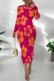 Rose Red Gradient Flowers Print O Neck Long Sleeve Ankle Length Causal Outing Bodycon Maxi Dress