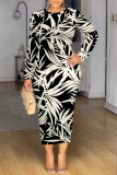 Blue Bronzing Pattern Geometric Print O Neck Long Sleeve Casual Outing Bodycon Midi Dresses