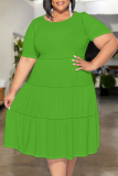 White O Neck Short Sleeve A Line Casual Outing Vacation Loose Plus Size Pleated T Shirt Midi Dress