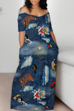 Dark Grey Faux Denim Print Off Shoulder Short Sleeve Loose Fit Vacation Maxi Dress