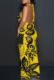 Beige Geometric Print Lace Up Sleeveless Backless Loose Straight Leg Halter Jumpsuits