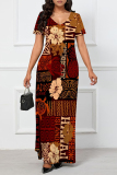 White Stripe Floral Print Long Sleeve V Neck Floor Length Casual Outing Plus Size Straight Loose Maxi Dress