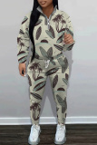 Navy Blue Floral Print Zipper Collar Long Sleeve Sweatshirt And Skinny Pants Casual Sportwear Two Pieces Sweatsuit Sets
