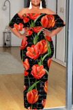 Apricot Fruit Floral Print Off Shoulder Flutter Sleeve Long Loose Vacation Plus Size Maxi Dresses