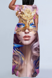 Purple Green African Portrait Mask Print Short Sleeve O Neck Floor Length Loose Vacation Baggy Maxi T-shirt Dress