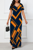 White Stripe Floral Print Long Sleeve V Neck Floor Length Casual Outing Plus Size Straight Loose Maxi Dress