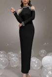 Black Beading Hot Drill Half A Turtleneck Long Sleeve Formal Evening Party Prom Wedding  Bodycon Maxi Dresses