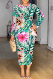 Dark Blue Floral Print O Neck Long Sleeve Casual Outing Vacation Bodycon Maxi Dresses