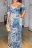 Dark Grey Faux Denim Print Off Shoulder Short Sleeve Loose Fit Vacation Maxi Dress