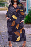 Black Flowers Love Print V Neck Long Sleeve Pokcets Vacation Loose Strsaight Fall Winter Plus Size Maxi Dress