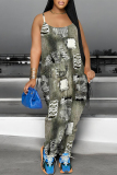 Gray Blue Faux Denim Print U Neck Sleeveless Pocket Loose Casual Cami Jumpsuits