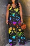 Black Red Letters Love Print Lace Up Sleeveless Backless Loose Straight Leg Halter Jumpsuits
