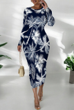 Dark Blue Floral Print O Neck Long Sleeve Casual Outing Vacation Bodycon Maxi Dresses
