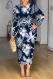 Dark Blue Floral Print O Neck Long Sleeve Casual Outing Vacation Bodycon Maxi Dresses