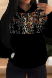 Black Geometric Print Long Sleeve Draw String Pocket Fall Winter Hooded Sweatshirt