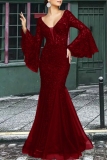 Elegant Formal Solid Embroidered V Neck Evening Dresses
