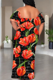 Apricot Fruit Floral Print Off Shoulder Flutter Sleeve Long Loose Vacation Plus Size Maxi Dresses