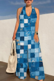 Dark Blue Faux Denim Print Lace Up Sleeveless Backless Loose Straight Leg Halter Jumpsuits