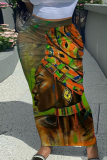 Silver Gray African Figure Print Casual High Waist Skinny Maxi Skirt