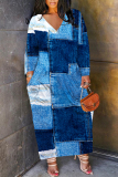 Denim Blue Faux Denim Print V Neck Long Sleeve Pokcets Vacation Loose Straight Fall Winter Maxi Dress