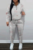 Navy Blue Floral Print Zipper Collar Long Sleeve Sweatshirt And Skinny Pants Casual Sportwear Two Pieces Sweatsuit Sets