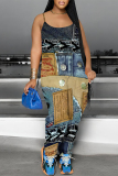 Gray Blue Faux Denim Print U Neck Sleeveless Pocket Loose Casual Cami Jumpsuits