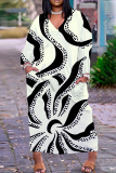 Black Flowers Love Print V Neck Long Sleeve Pokcets Vacation Loose Strsaight Fall Winter Plus Size Maxi Dress