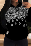 Black Geometric Print Long Sleeve Draw String Pocket Fall Winter Hooded Sweatshirt