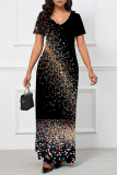 White Stripe Floral Print Long Sleeve V Neck Floor Length Casual Outing Plus Size Straight Loose Maxi Dress