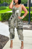 Gray Blue Faux Denim Print U Neck Sleeveless Pocket Loose Casual Cami Jumpsuits