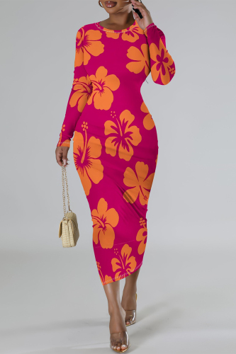 Rose Red Gradient Flowers Print O Neck Long Sleeve Ankle Length Causal Outing Bodycon Maxi Dress