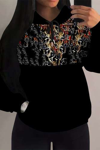 Black Geometric Print Long Sleeve Draw String Pocket Fall Winter Hooded Sweatshirt