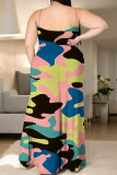 Yellow Green Gradient Camouflage Print U Neck Backless Sleeveless Side Slit Floor Length Vacation Baggy Sundress Slip Maxi Dress