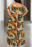 Leopard Gradient Chain Print Off Shoulder Flutter Sleeve Long Loose Vacation Plus Size Maxi Dresses