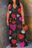 Black Red Letters Love Print Lace Up Sleeveless Backless Loose Straight Leg Halter Jumpsuits