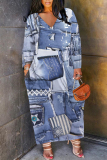 Denim Blue Faux Denim Print V Neck Long Sleeve Pokcets Vacation Loose Straight Fall Winter Maxi Dress