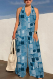 Dark Blue Faux Denim Print Lace Up Sleeveless Backless Loose Straight Leg Halter Jumpsuits